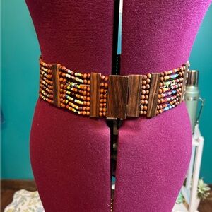Brown Plastic Wooden and Multi Color Beaded Stretchy Statement Belt